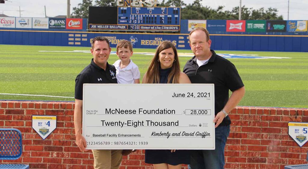 On hand for the presentation are, from left, Justin Hill, McNeese baseball coach, and Jordan, Kimberly and David Griffin. McNeese Photo