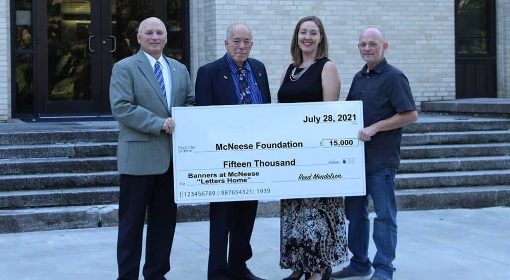 On hand for the donation are, from left, Dr. Daryl Burckel, McNeese president, Mendelson, Brook Hanemann, Banners at McNeese director, and Jody Taylor, Banners at McNeese assistant director. McNeese Photo