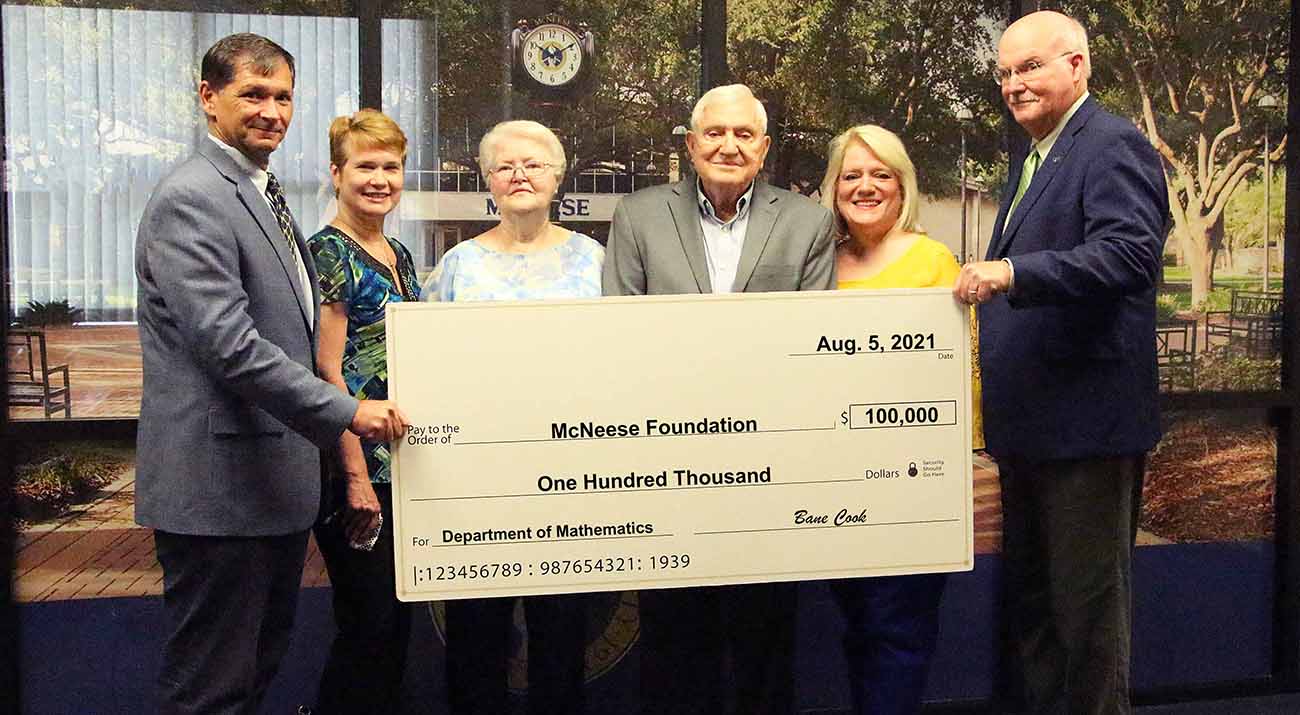 On hand for the donation are, from left, Dr. Chip LeMieux, interim vice president for academic affairs and enrollment management, Dr. Karen Aucoin, mathematics department head, Bane’s wife, Gay, Bane, Bane’s daughter, Lisa Ann Cook Simpson, a 1983 accounting graduate, and Dr. Tim Hall, dean of the college of science, engineering and mathematics.