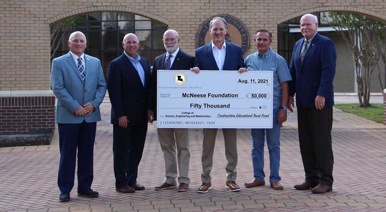 On hand for the donation are, from left, Dr. Daryl Burckel, McNeese president, David Landreneau, Louisiana Associated General Contractors SWLA Regional Manager, Courtney Fenet, Louisiana State Licensing Board for Contractors member, Greg Weston, CETF trustee, Lee Mallett, Louisiana State Licensing Board for Contractors chairman, and Dr. Tim Hall, dean of the college. McNeese Photo