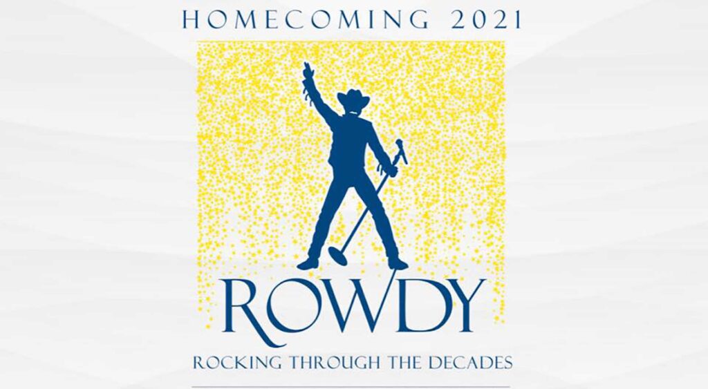 A silhouette of Rowdy stands with a microphone.