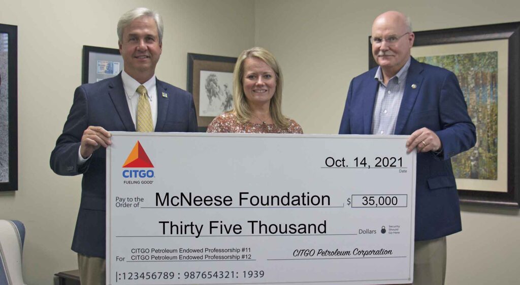 On hand for the presentation are from left: Dr. Wade Rousse, McNeese vice president for university advancement, Missy Amidon, CITGO public affairs manager, and Dr. Tim Hall, dean of the college of science, engineering and mathematics. McNeese Photo