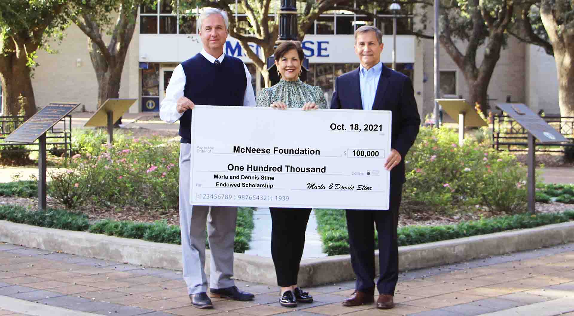 On hand for the donation are, from left, Dr. Wade Rousse, McNeese vice president for university advancement, Marla and Dennis Stine.