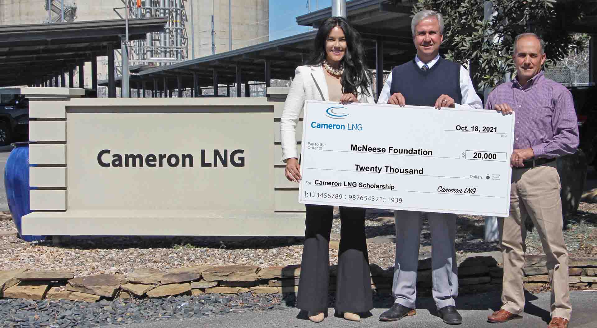 On hand for the presentation are, from left, Kayla Powers, Cameron LNG senior human resources and external relations representative, Dr. Wade Rousse, McNeese vice president for university advancement, and Stevie Trahan, Cameron LNG external relations manager. McNeese Photo