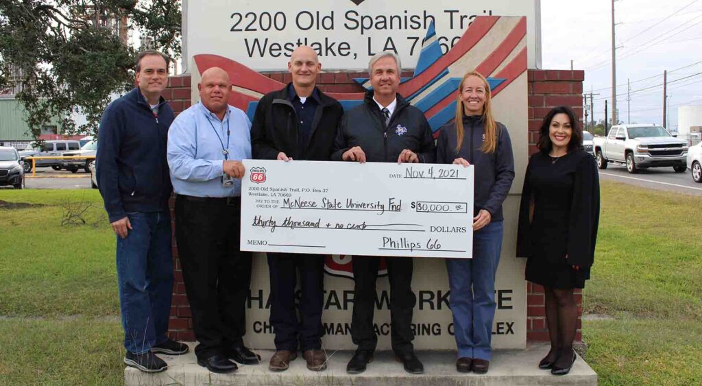 On hand for the donation are, from left: Chad Ricketson, Phillips 66 Excel Paralubes Manager; Andrew Sona, Phillips 66 Human Resource Manager; Jim Baron, Phillips 66 Operations Manager; Dr. Wade Rousse, McNeese Vice President for University Advancement; Jolie Rhinehart, Phillips 66 General Manager; and Megan Hartman, Phillips 66 Public Relations Director.