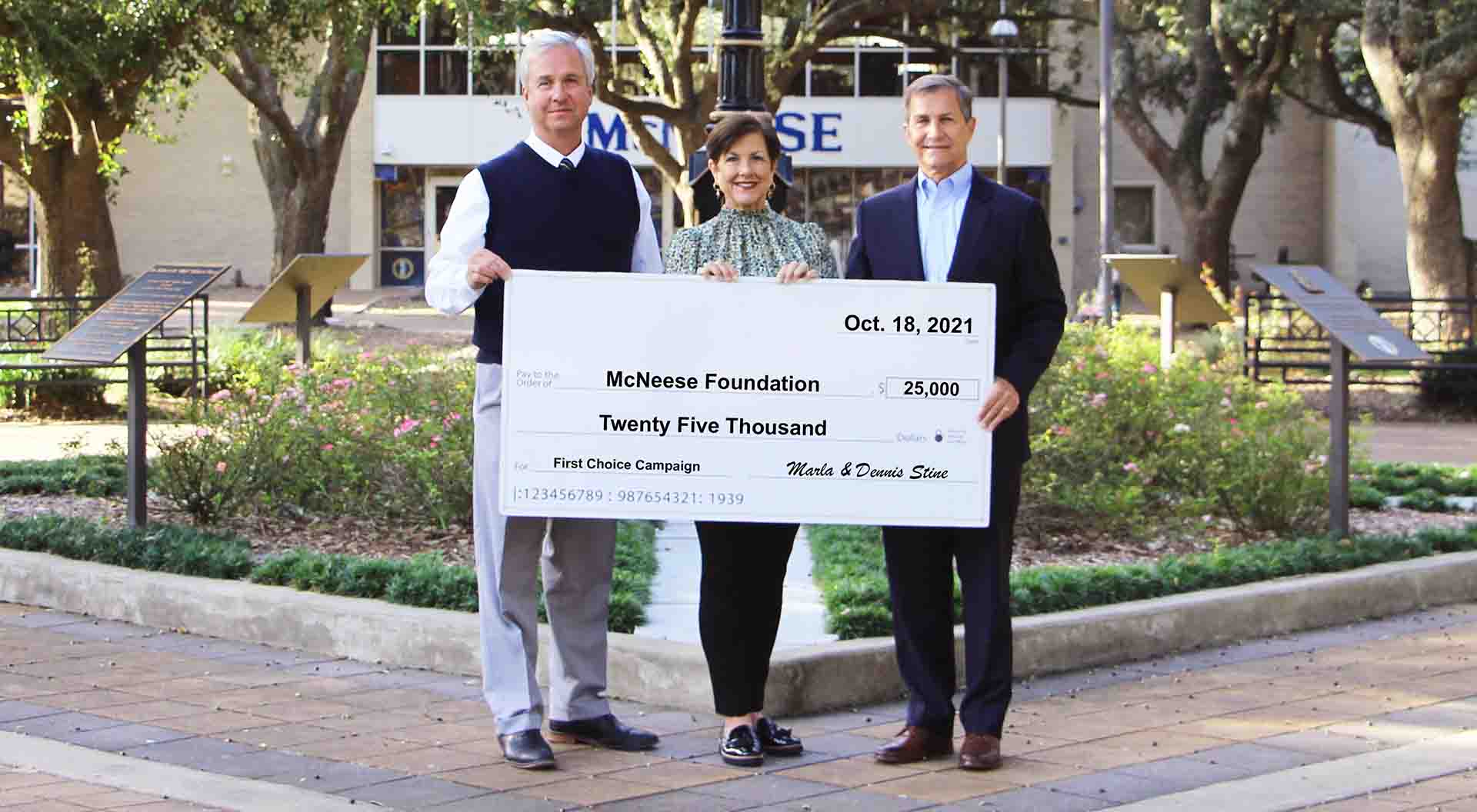 On hand for the donation are, from left, Dr. Wade Rousse, McNeese Vice President for University Advancement, and Marla and Dennis Stine.