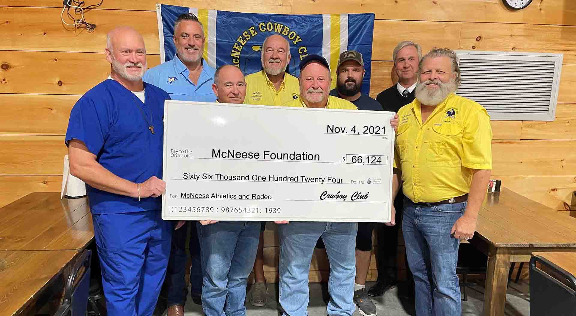 On hand for the donation are, from left: Doug Hamer, Board Member; Heath Schroyer, McNeese Athletics Director; Phillip Abshire, Board Member; Joe Duffel, Board Member; Mike Wittler, Board President; Jason Guillory, Board Member; Dr. Wade Rousse; McNeese Vice President for University Advancement; and Allen Abshire, Board Secretary.