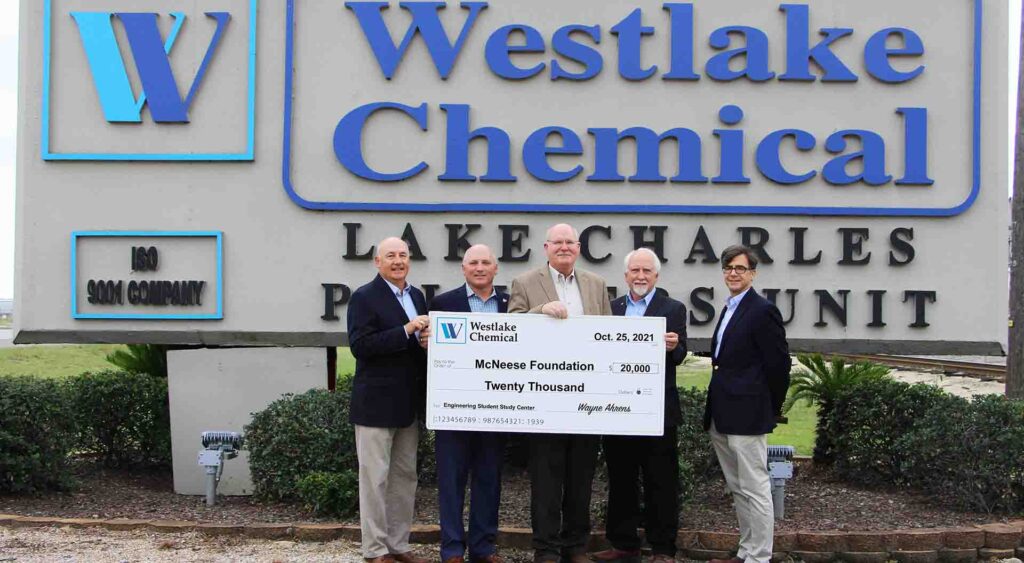 On hand for the presentation are, from left, Joe Andrepont, Westlake principal, community and governmental affairs, Dr. Daryl Burckel, McNeese president, Dr. Tim Hall, dean of the college, Wayne Ahrens, Westlake vice president, chemical manufacturing, and Curtis Brescher, Westlake director of operations region one. McNeese Photo