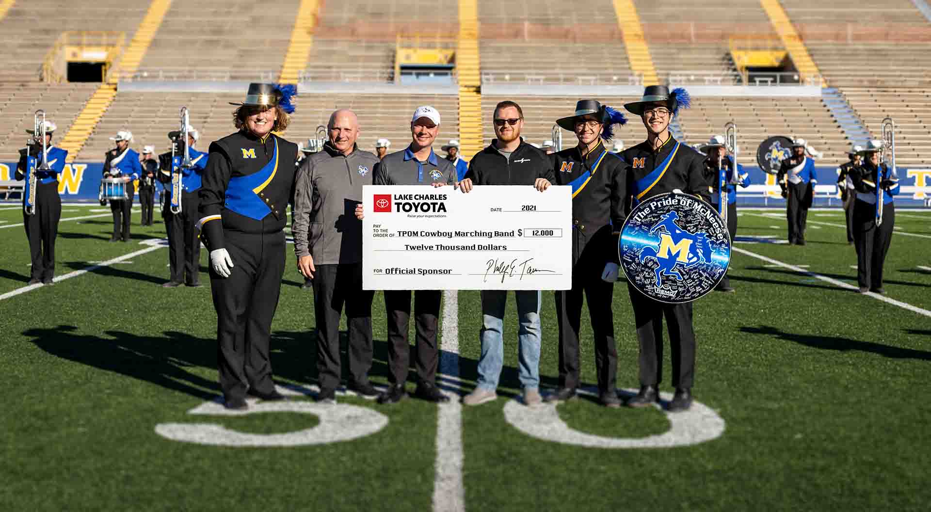 On hand for the presentation are, from left, Caden Burgett, McNeese drum major, Dr. Daryl Burckel, McNeese president, Dr. Jay Sconyers, McNeese director of bands, Corey Tarver, Lake Charles Toyota partner and general manager, Tommy Holland and Spencer Butts, McNeese drum majors. McNeese Photo