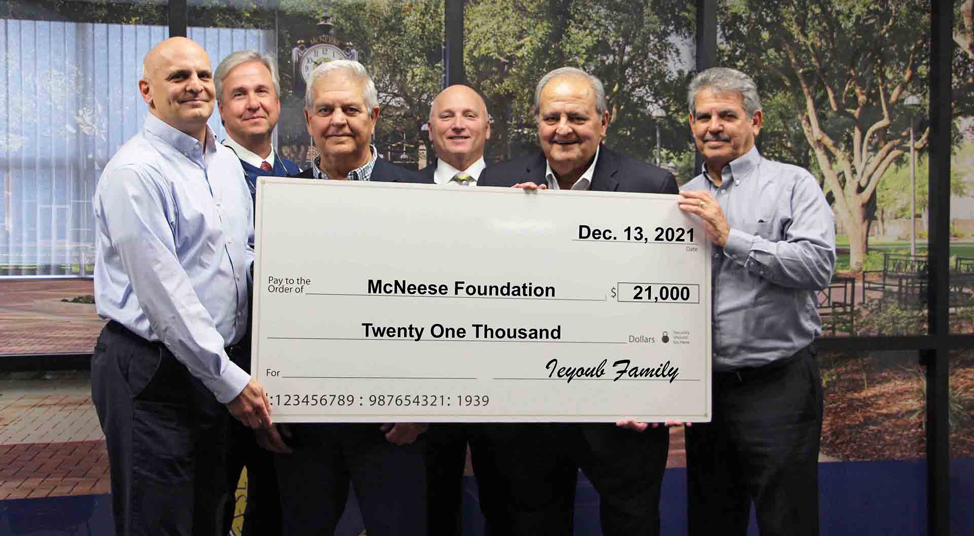 On hand for the presentation are, from left, Mark Ieyoub (‘85), Dr. Wade Rousse, McNeese vice president for university advancement, Kalil Ieyoub (’58), Dr. Daryl Burckel, McNeese president, Richard Ieyoub (’68) and Patrick Ieyoub (‘74). and. McNeese Photo