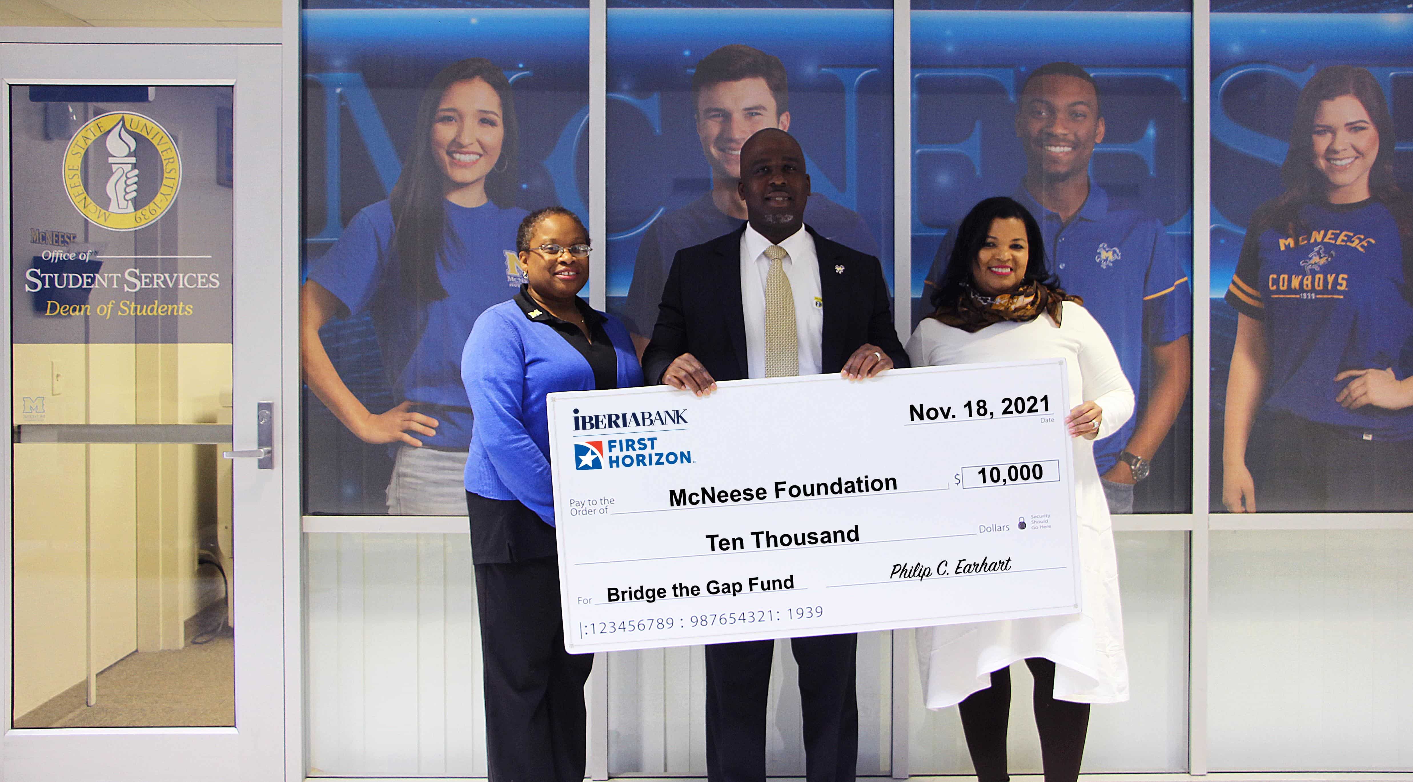 On hand for the donation are, from left, Krisshunn Youngblood, McNeese Chief Diversity Officer, Dr. Kedrick Nicholas, McNeese Dean of Students, and Christina Miller, IBERIABANK Assistant Vice President and Senior Relationship Banker.