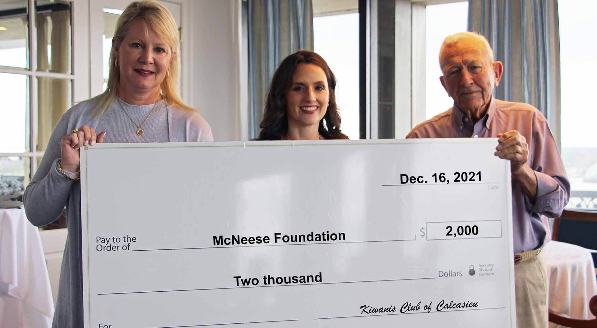 On hand for the presentation are, from left, Angela Queenan, Kiwanis member, Jennifer Leger, McNeese Foundation gift planning and donor research specialist, and Dr. Lehrue Stevens Jr., Kiwanis member. McNeese Photo