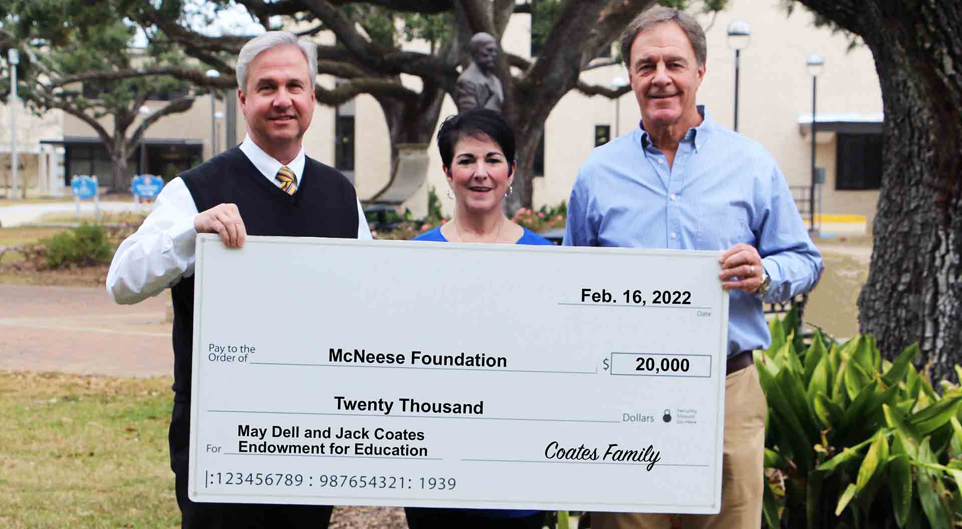 On hand for the donation are, from left, Dr. Wade Rousse, McNeese vice president for university advancement, and Susanne and Jeff Coates. McNeese Photo