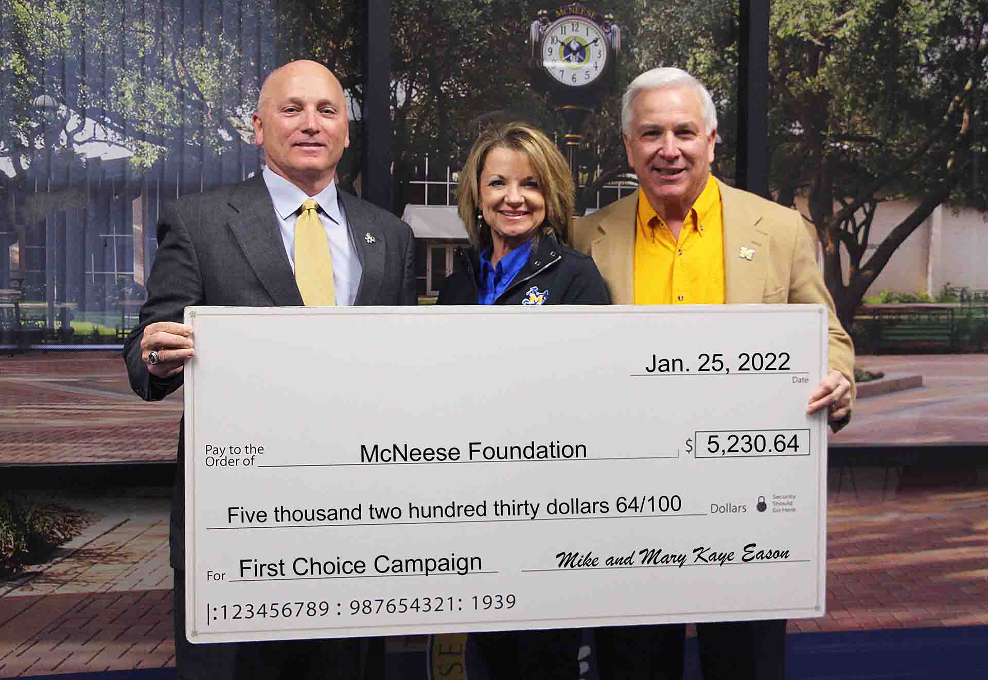 On hand for the donation are, from left, Dr. Daryl Burckel, McNeese president, and Mary Kaye and Mike Eason. McNeese Photo