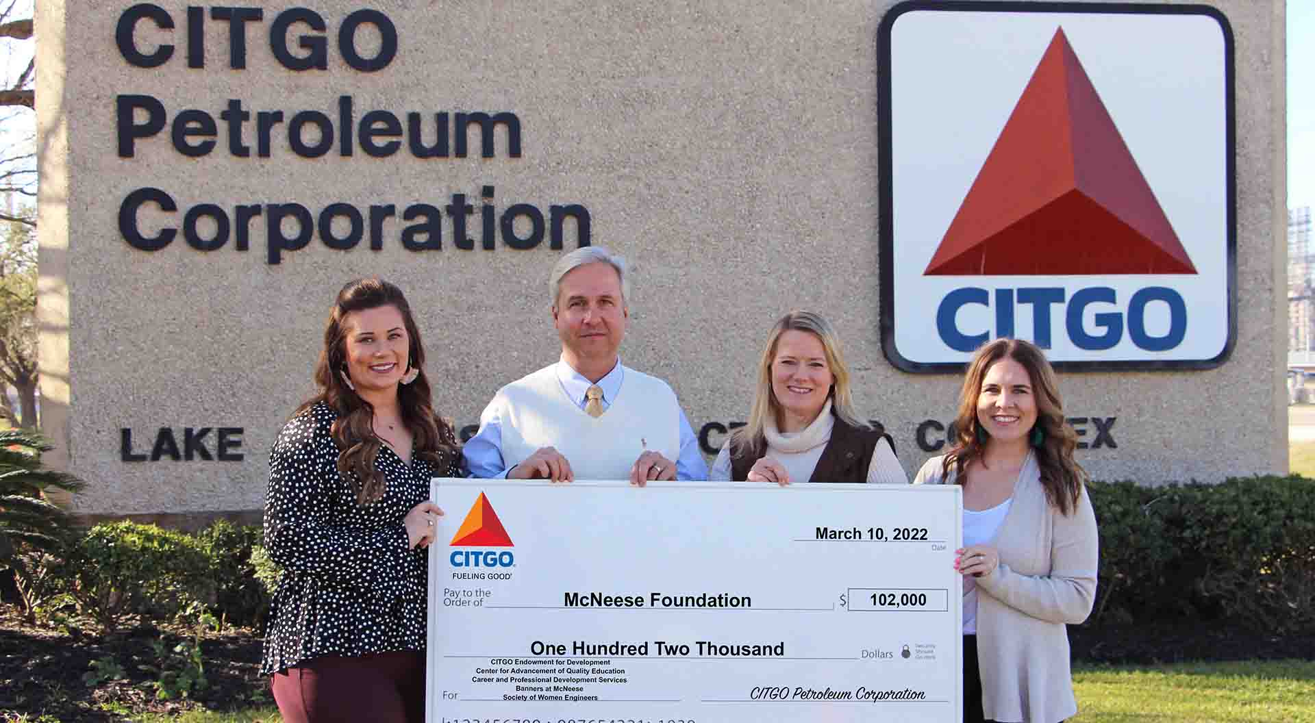 On hand for the presentation are, from left, Kelsey Talbot, CITGO public affairs specialist, Dr. Wade Rousse, McNeese vice president for university advancement, Missy Amidon, CITGO public affairs manager, and Jessica Olsen, CITGO community relations adviser. McNeese Photo