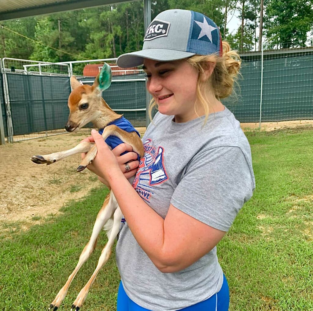 Intern Harley Jackson with baby deer