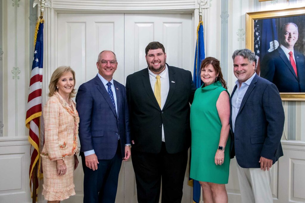 From left to right: Louisiana First Lady Donna Hutto Edwards, Louisiana Governor John Bel Edwards, Samuel Gil, Nicole Gil and Eric Gil.