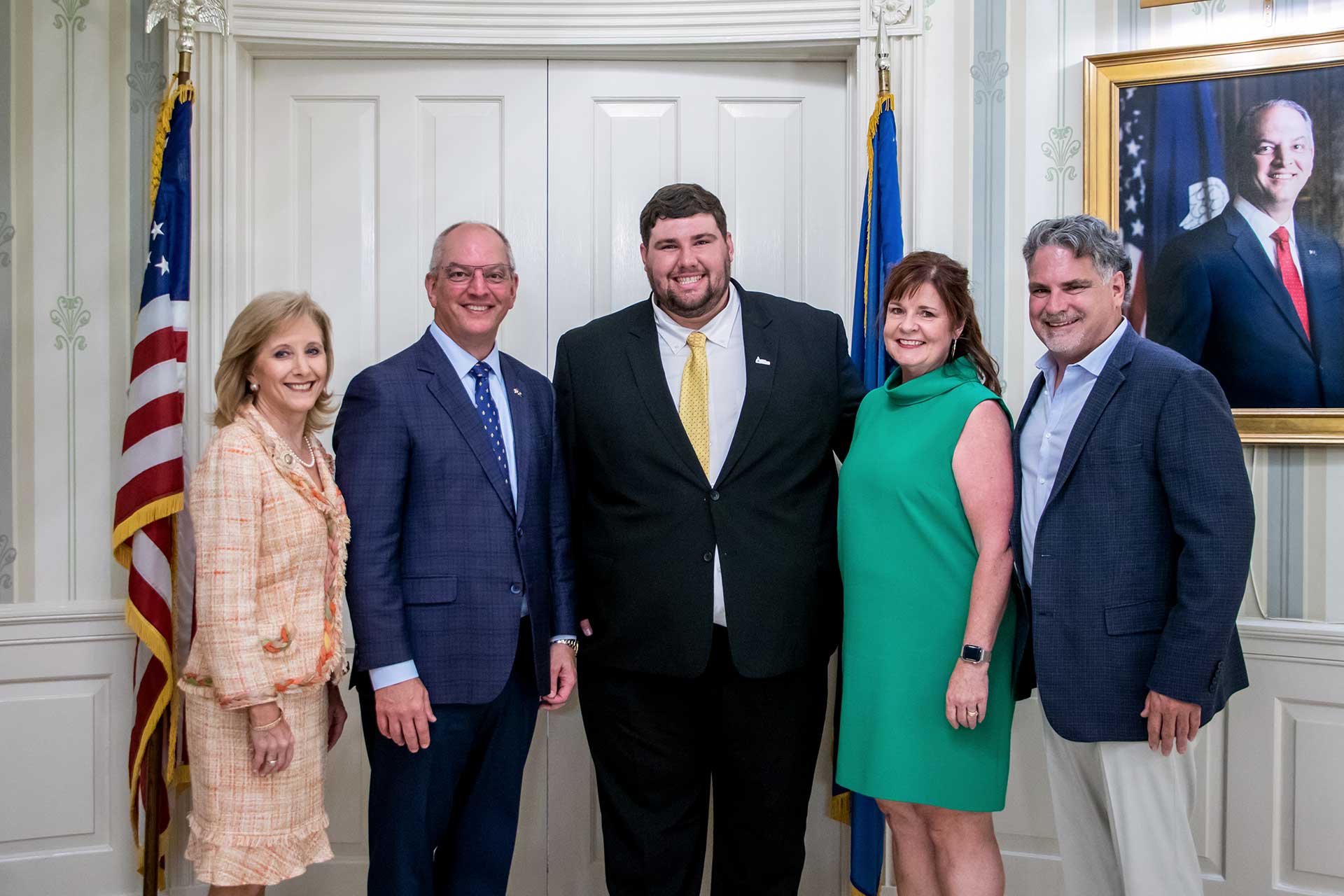 From left to right: Louisiana First Lady Donna Hutto Edwards, Louisiana Governor John Bel Edwards, Samuel Gil, Nicole Gil and Eric Gil.