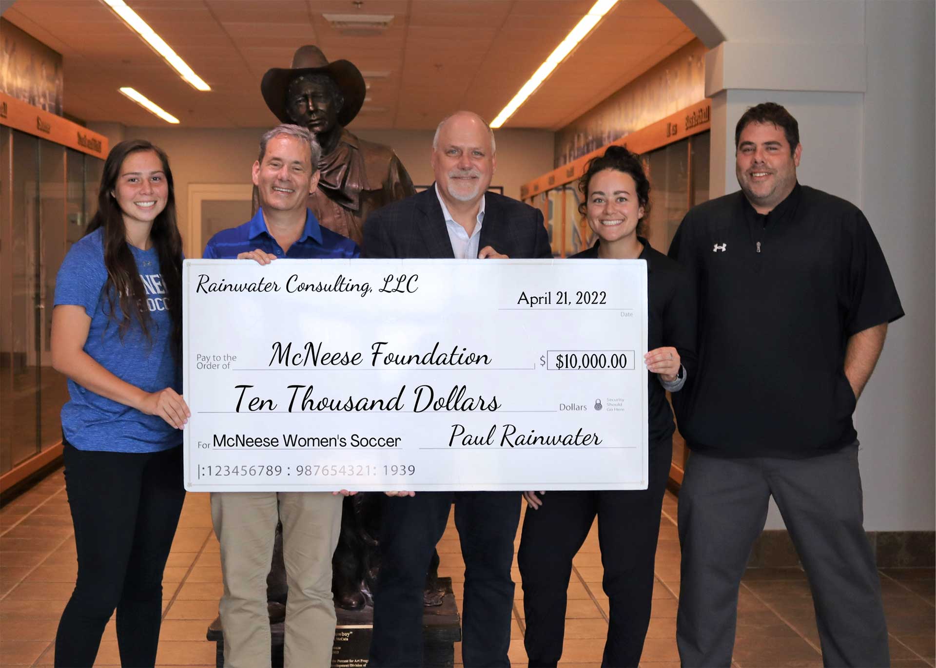 from left: Kiana Kukaua, senior midfielder for McNeese Women’s Soccer; Butch Ferdinandsen, McNeese Foundation Board of Directors president; Rainwater; Molly Kuhbacher, McNeese Women’s Soccer assistant coach and Drew Fitzgerald, McNeese Women’s Soccer head coach.