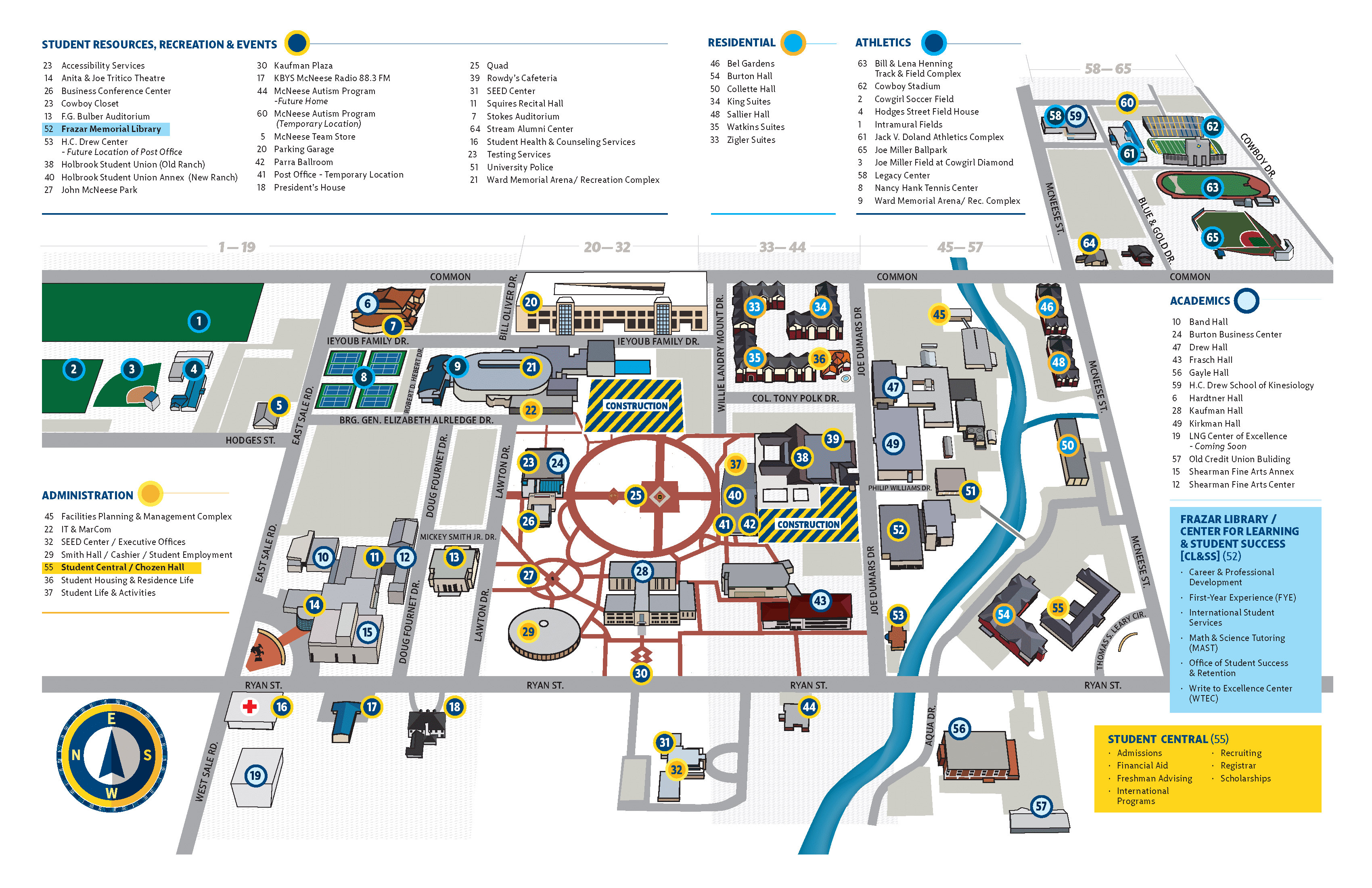 Static image of the McNeese campus map with locations numbered and a legend included in the image.