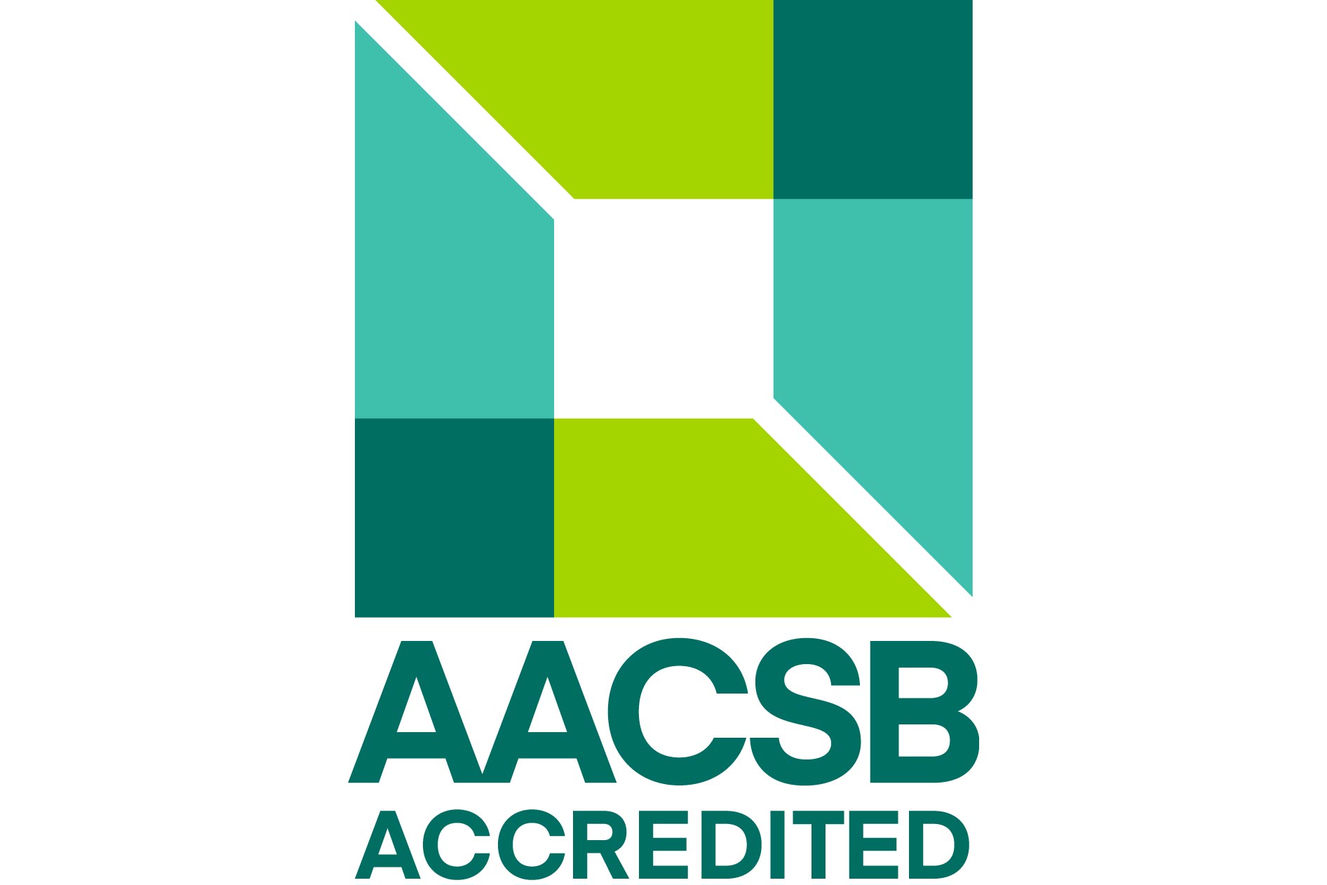 AACSB Accredited logo in green and teal geometric design.