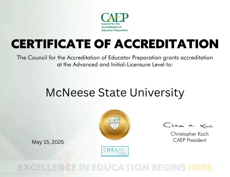 CAEP accreditation certificate for McNeese State University, dated May 15, 2025, signed by Christopher Koch.