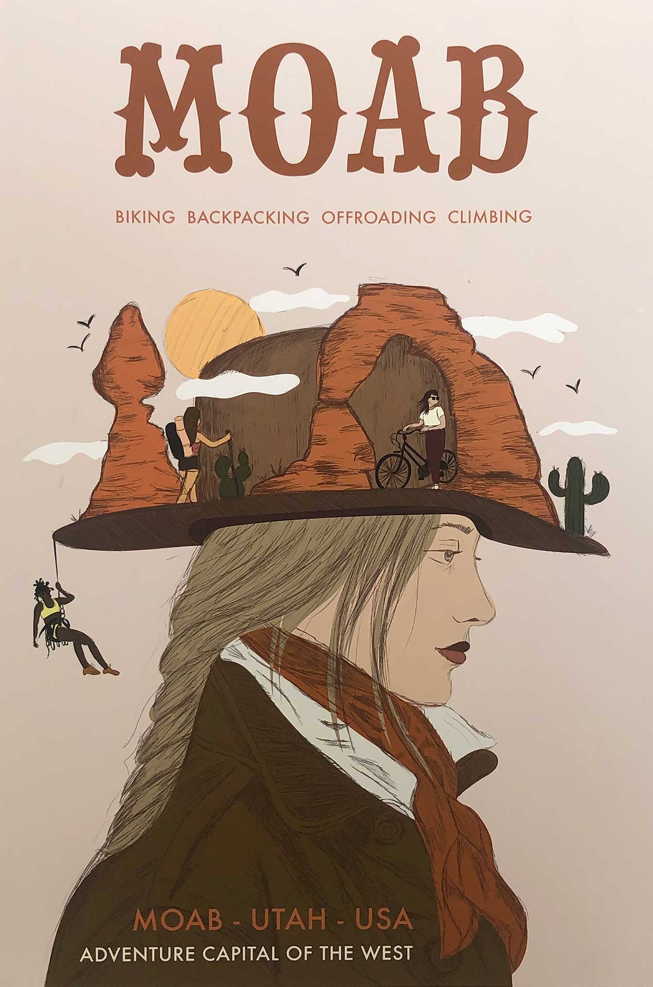 Moab poster with a profile of a woman's face blending into landscape featuring biking, backpacking, offroading, climbing.