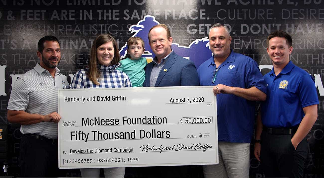 James Landreneau, head softball coach, Kimberly Griffin, David Griffin, Heath Shroyer, interim athletics director and head basketball coach, and Kason Kimbrell, assistant athletics director for development and fundraising.