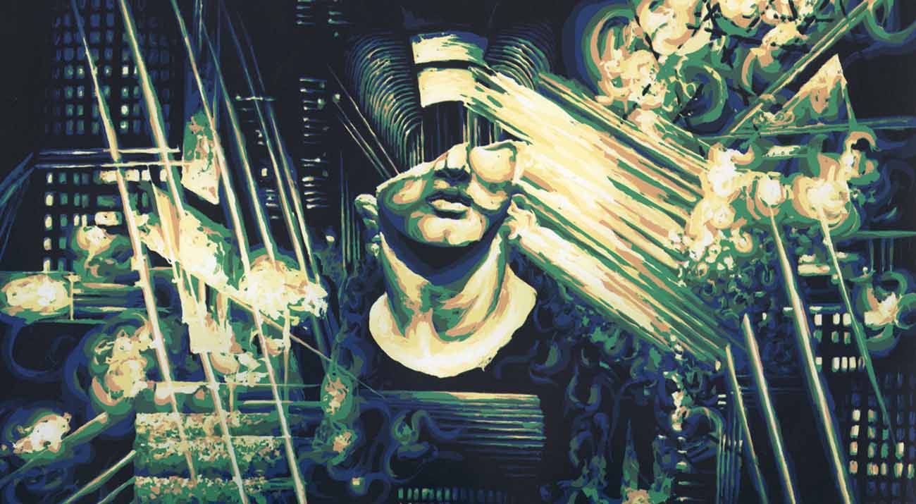 An abstract image of a man and various objects create 