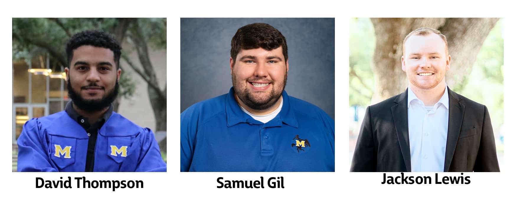 Three men in blue and black clothing, smiling outdoors and indoors, with text labels