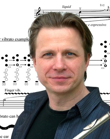 Smiling man holding flute with musical notation background