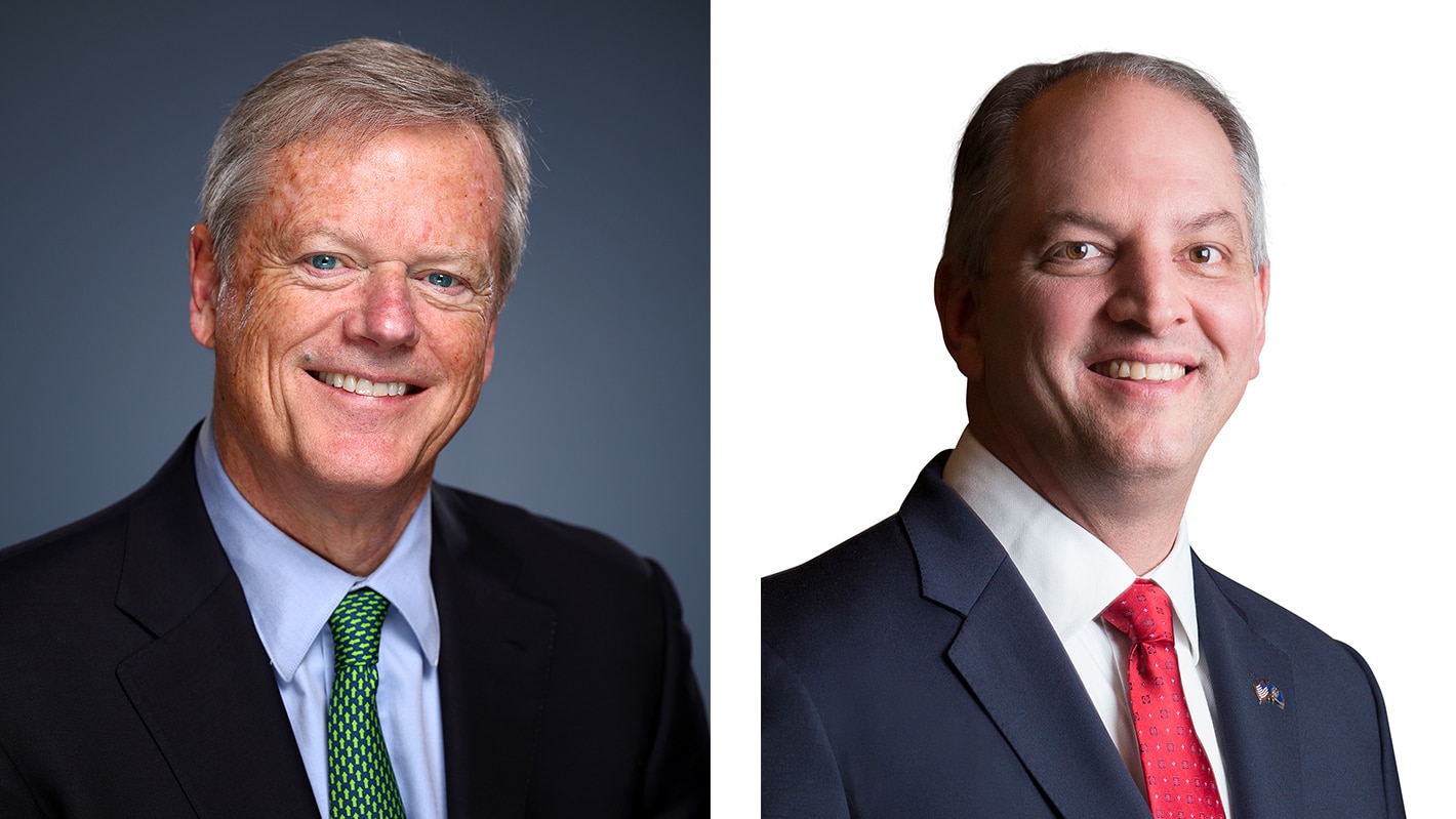 Two men in suits smiling, one with a green tie and gray hair, the other with a red tie and short hair, on neutral backgrounds.