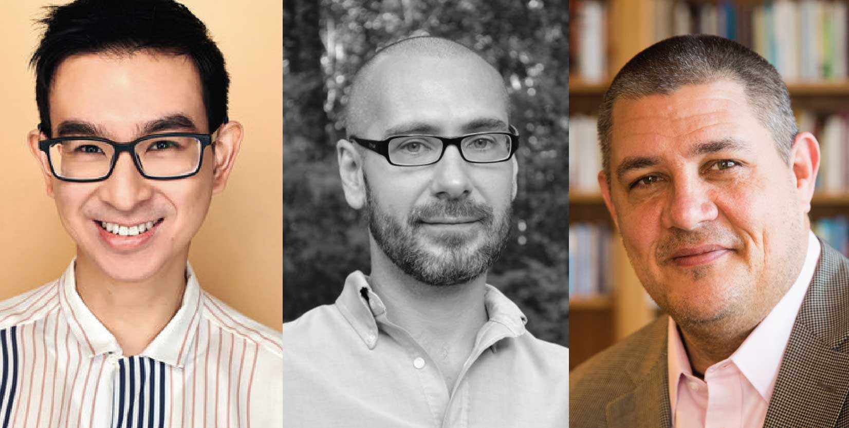 Three smiling men wearing glasses, set against varied backgrounds; diverse attire suggests different contexts.