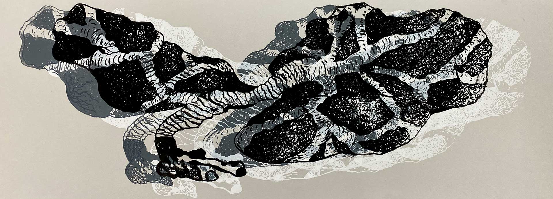 Abstract art with black and white organic forms resembling rocks and tree branches on a gray background.