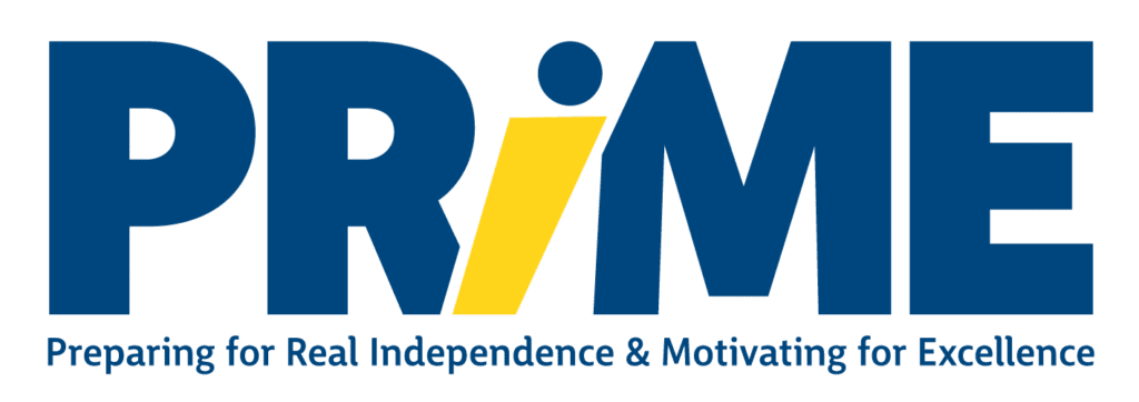 PRIME logo features the word Prime written in blue with a yellow i that looks like a person.