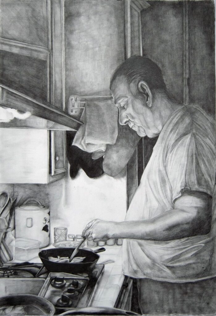 Moments by Vizena. A man stands at a stove cooking with a frying pan.