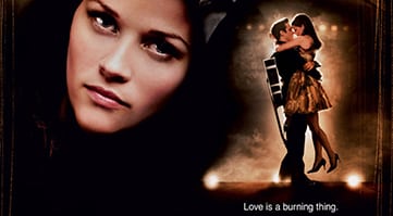 Dramatic portrait and romantic dance scene with guitar, text 'Love is a burning thing' in warm lighting.