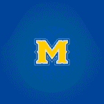 Yellow letter M with white outline on blue background