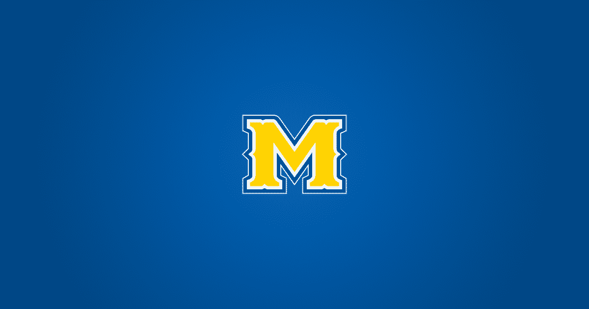 Yellow letter M with white outline on blue background