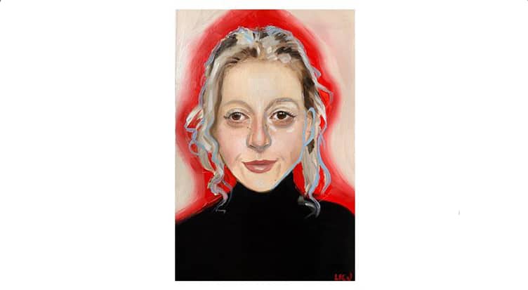 Belle - Quarantine Portrait #39, a portrait of a woman in a black shirt, oil paint on paper, by Lindsey Johnson.