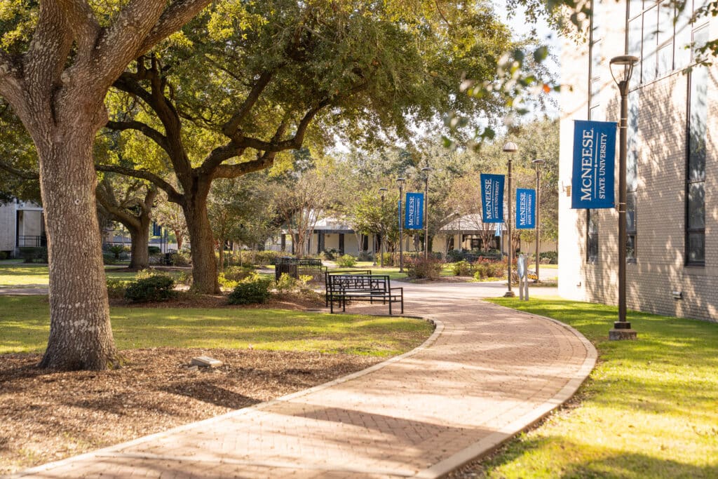 McNeese State University, a sidewalk on campus in the fall.