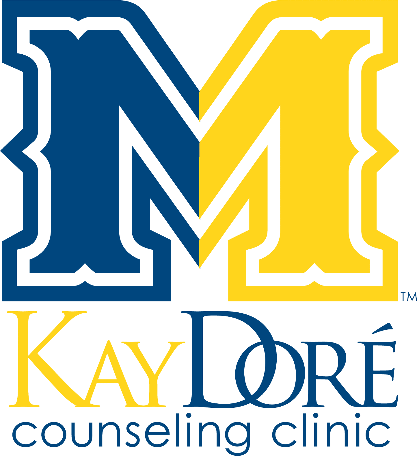 Kay Doré Counseling Clinic logo with blue and yellow letter M