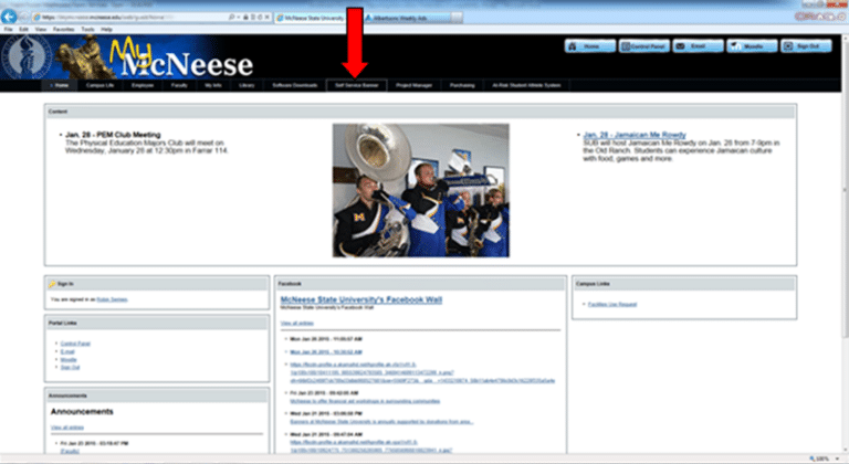 University website homepage with navigation bar and student club meeting announcement.