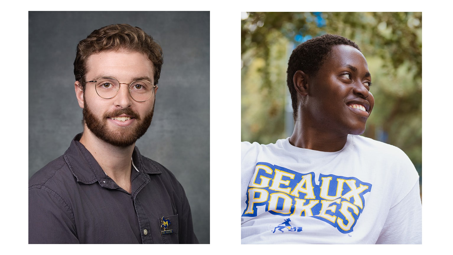 Two men smiling; one in a professional setting with glasses, the other outdoors wearing a white shirt with Geaux Pokes logo.