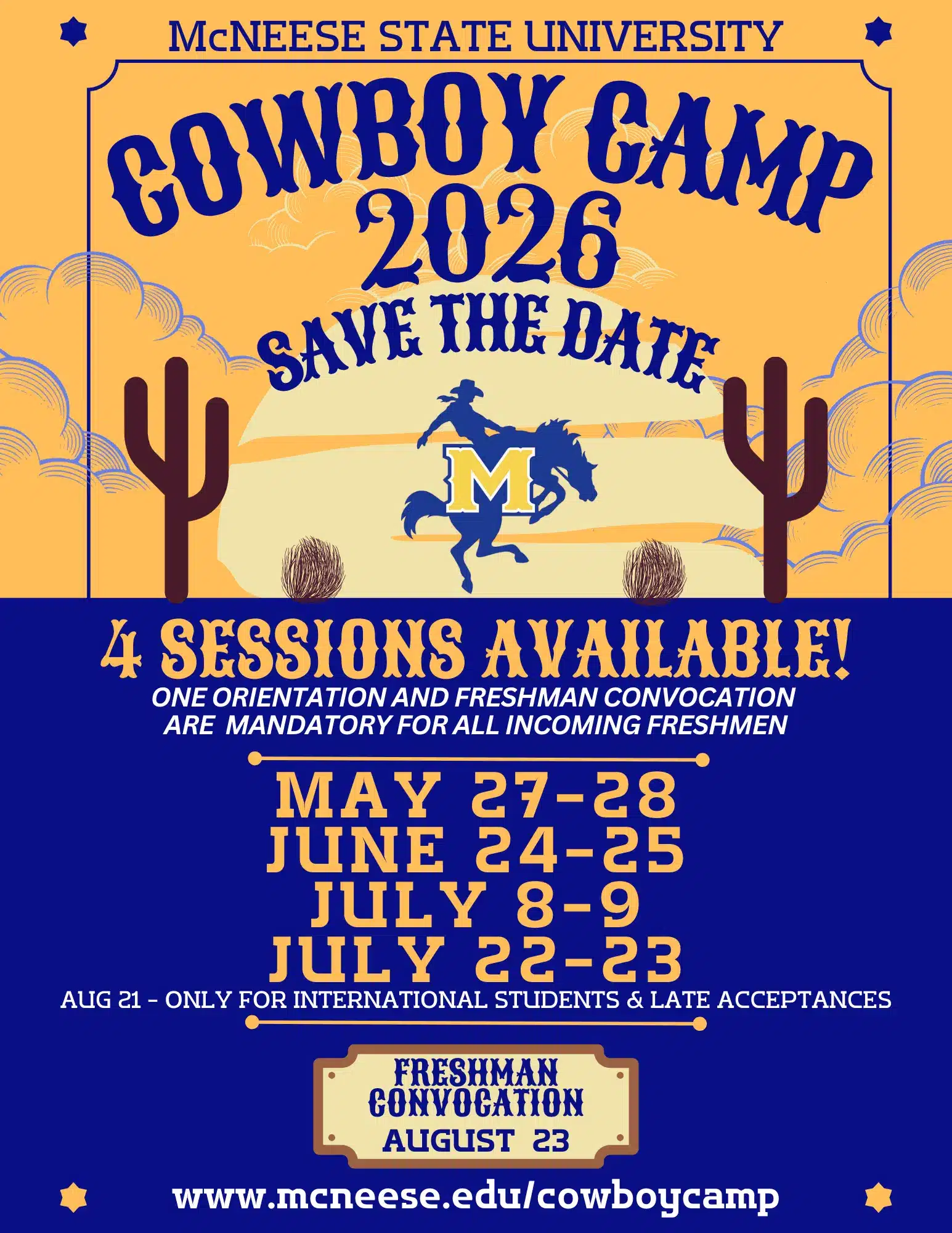 Save the Date for McNeese State University Cowboy Camp 2026; sessions in May, June, July; Freshman Convocation August 23.