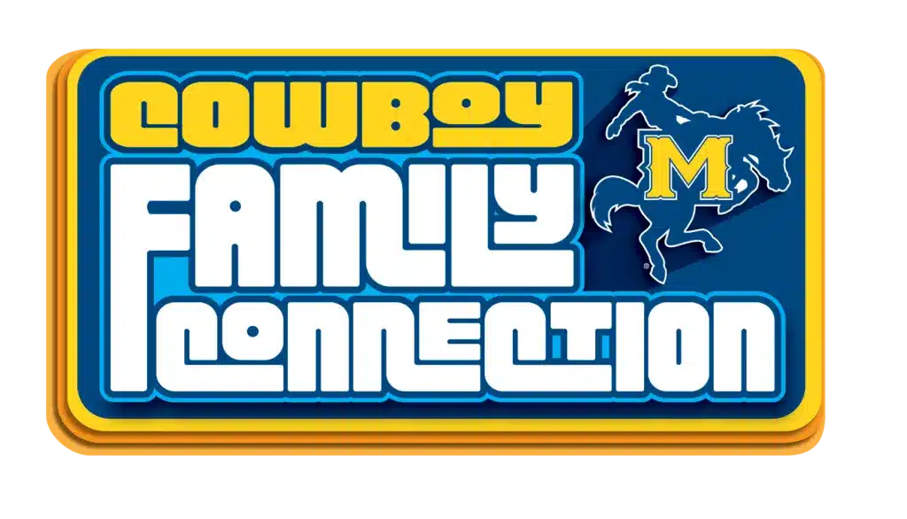 Cowboy Family Connection logo with rider and horse silhouette on blue background.