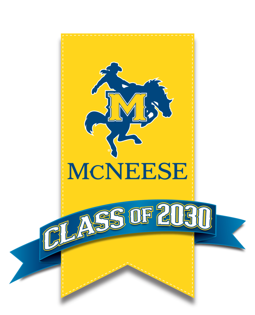 Image of Yellow Banner featuring McNeese's Horse and Rider logo and a sash that reads "Class of 2030"