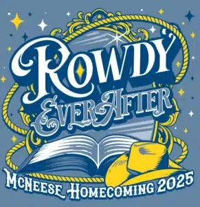 Rowdy Ever After theme for McNeese Homecoming 2025 with rope, stars, book, and cowboy hat.