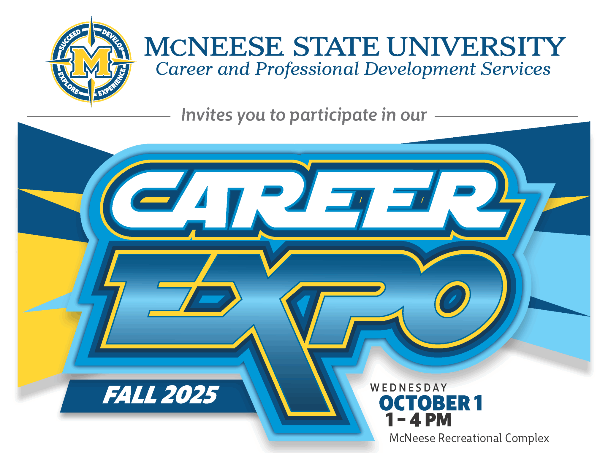 McNeese State University Career Expo Fall 2025, October 1, 1-4 PM, McNeese Recreational Complex.