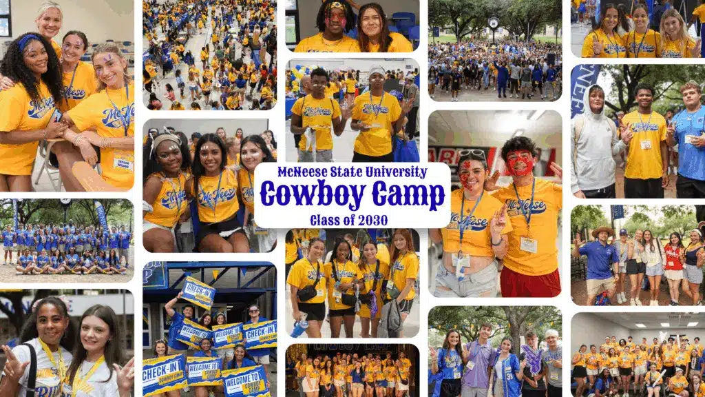 Collage of McNeese State University Cowboy Camp 2030 with students wearing yellow shirts, interacting and posing together.